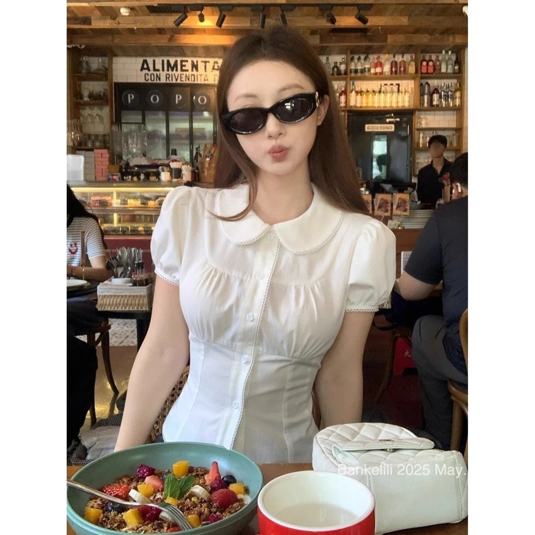 韩系娃娃领白色短袖衬衫女夏季甜辣妹收腰修身设计感小众绝美衬衣