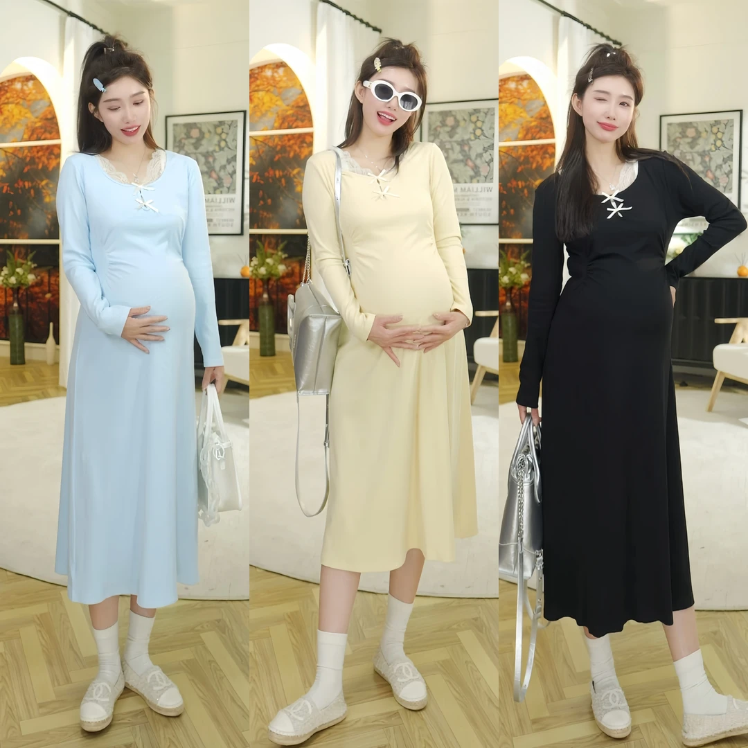 Usee 柚喜【蕾丝裙】春季欧若风/气质蕾丝花边纯色长款a版孕妇裙