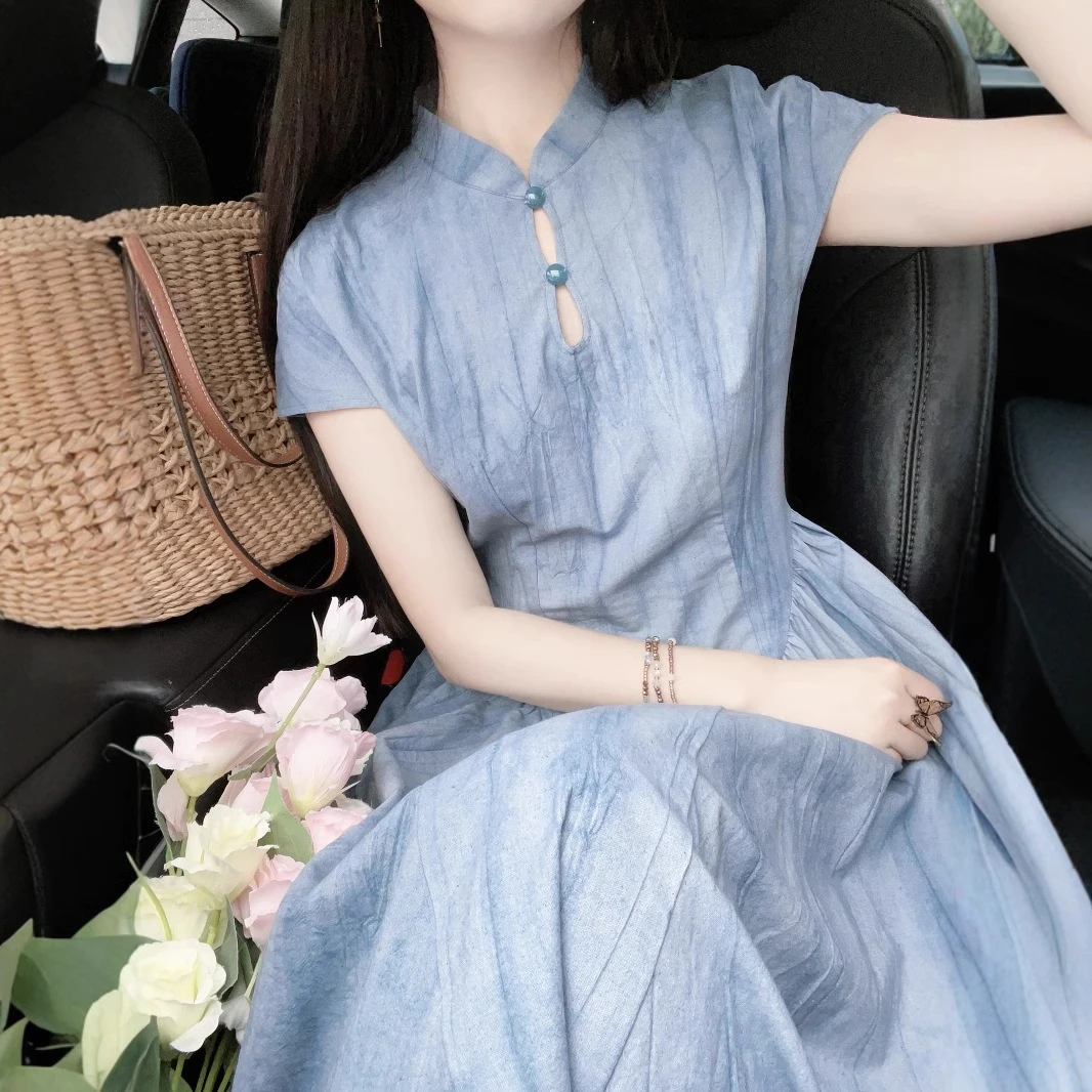 梧桐与月亮南湖向晚新中式国风苎麻棉扎染镂空收腰旗袍连衣裙