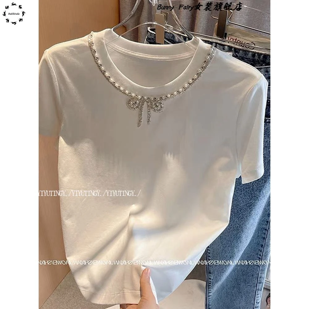 串珠蝴蝶结珍珠炼白色圆领短袖t恤的妇女夏季可达豪华利基街头顶