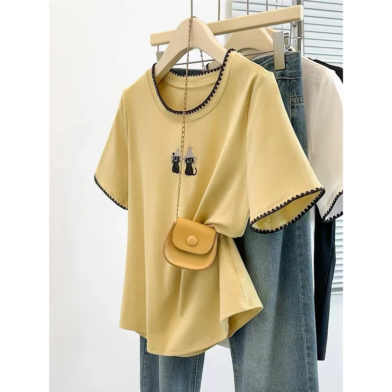 大码女装胖mm240斤刺绣猫咪撞色正肩短袖t恤女夏季设计感气质上衣