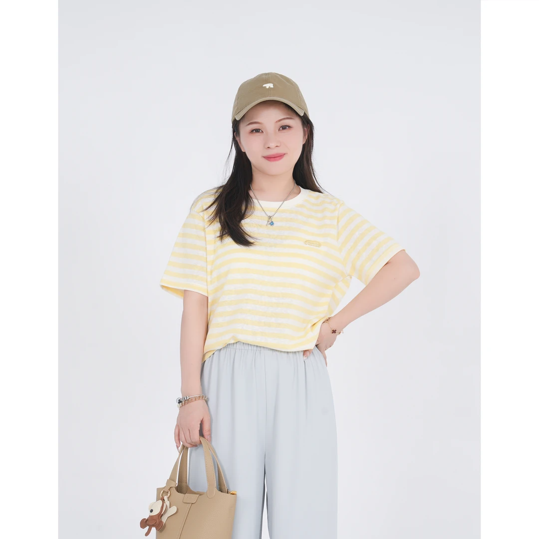 小个子圆圆7712欧若风刺绣字母圆领条纹T恤宽松显瘦夏季上衣女