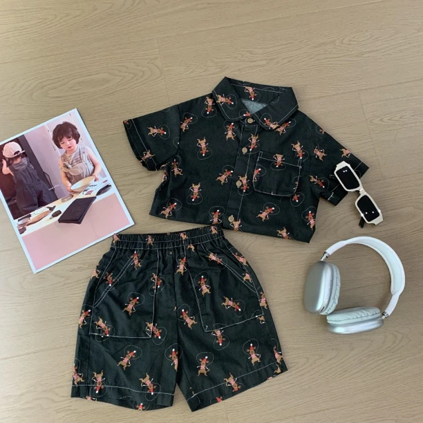 夏季薄款单排扣休闲风韩版男套装休闲卡通男孩女童小童