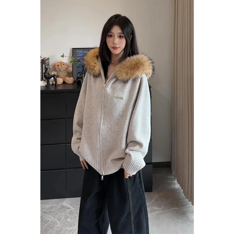 美式大毛领开衫毛衣秋冬chic松弛感针织衫情侣休闲上衣外套男女