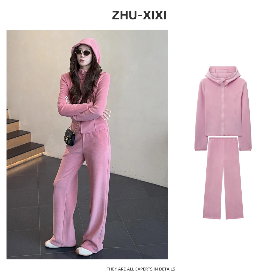祝喜喜【柔粉暖黄】冬季lulu气质休闲连帽时尚高腰显瘦运动套装