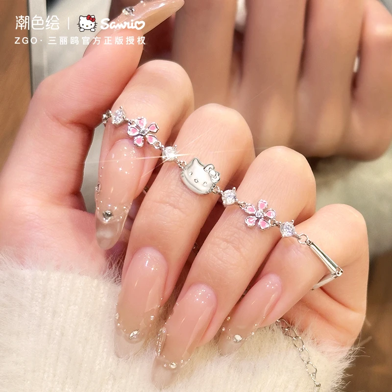 潮色绘 925银合成锆石手链 HelloKitty樱花手链高级感送女生礼物