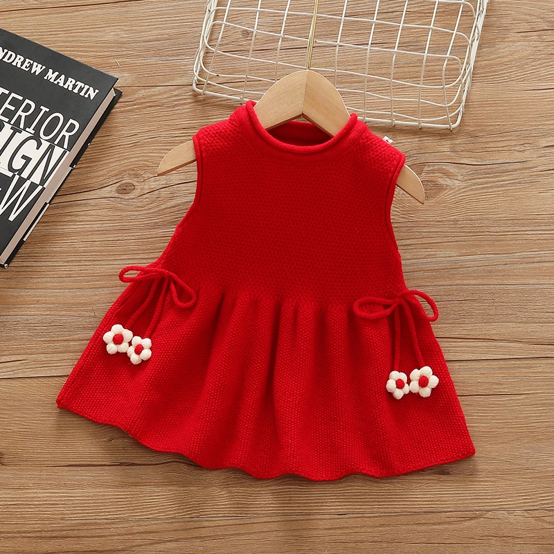 2025新女童针织马甲女宝宝背心裙上衣儿童毛衣背心婴儿红色周岁服