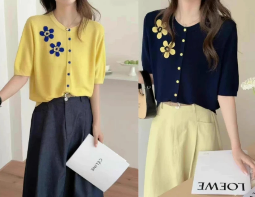 （150）立体花朵圆领短袖女洋气显瘦冰丝T恤上衣X193