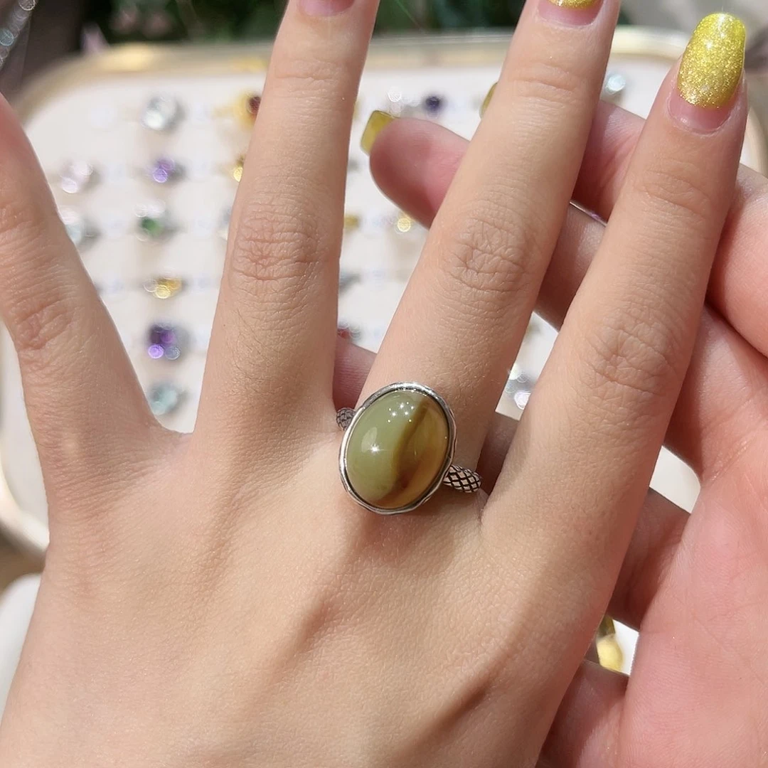 蛇纹石玉戒指银S925镶嵌