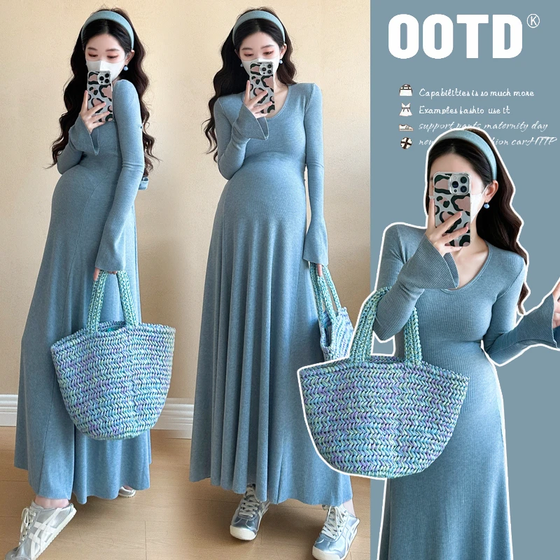 秋季孕妇装时髦洋气秋冬季气质领长袖针织连衣裙打底裙垂感长裙