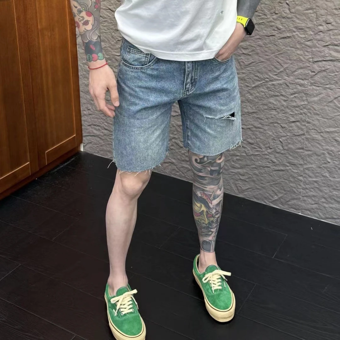 设计款毛边牛仔短裤男宽松直筒2025夏季新款潮流大破洞刮烂五分裤