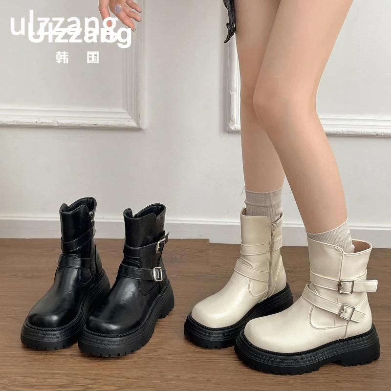 ulzzang女士鞋子白色英伦风厚底马丁靴女款2025新款秋季增高显瘦