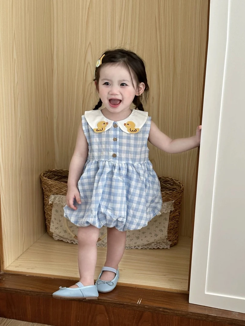 女童连衣裙夏装新款女宝宝可爱格子花苞裙娃娃领背心裙公主裙子