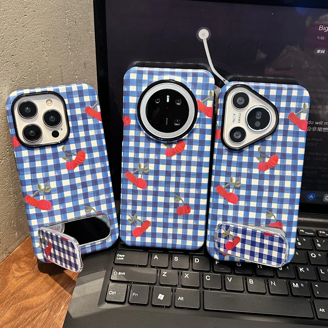 格子樱桃菲林二合一适用苹果华为VIVOOPPO小米手机壳16PRO/15防摔