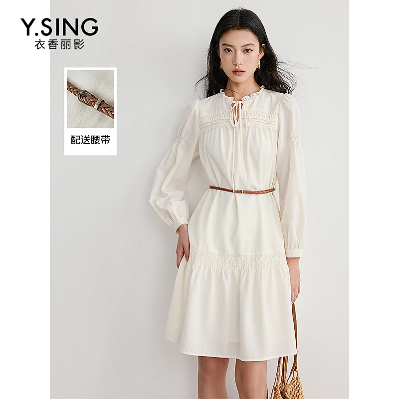 衣香丽影白色木耳边连衣裙女2025春季新款小个子流行法式中长裙子