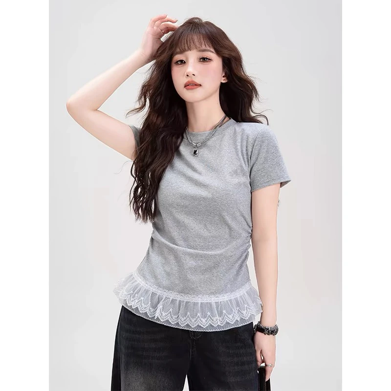 韩系芭蕾风短袖T恤女2025春夏季新款设计感下摆蕾丝拼接百搭上衣