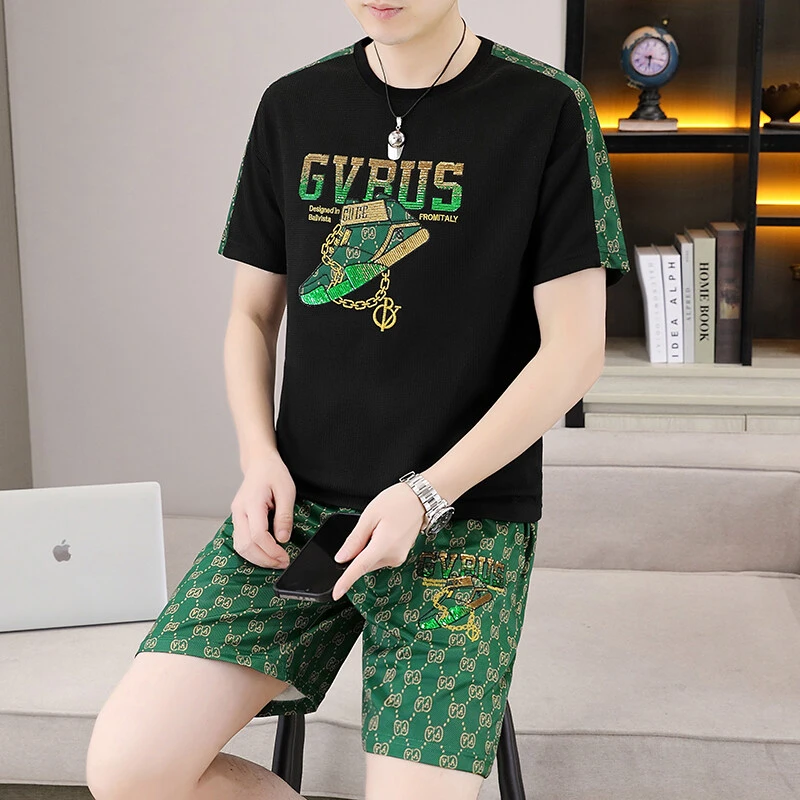 稻草人2025夏季男休闲运动套装百搭时尚印花男装套装潮流圆领
