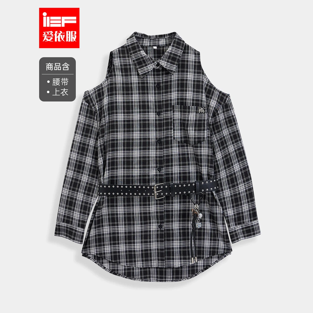 IEF/爱依服2025夏秋新款韩系辣妹风设计感格子显瘦中长衬衫上衣