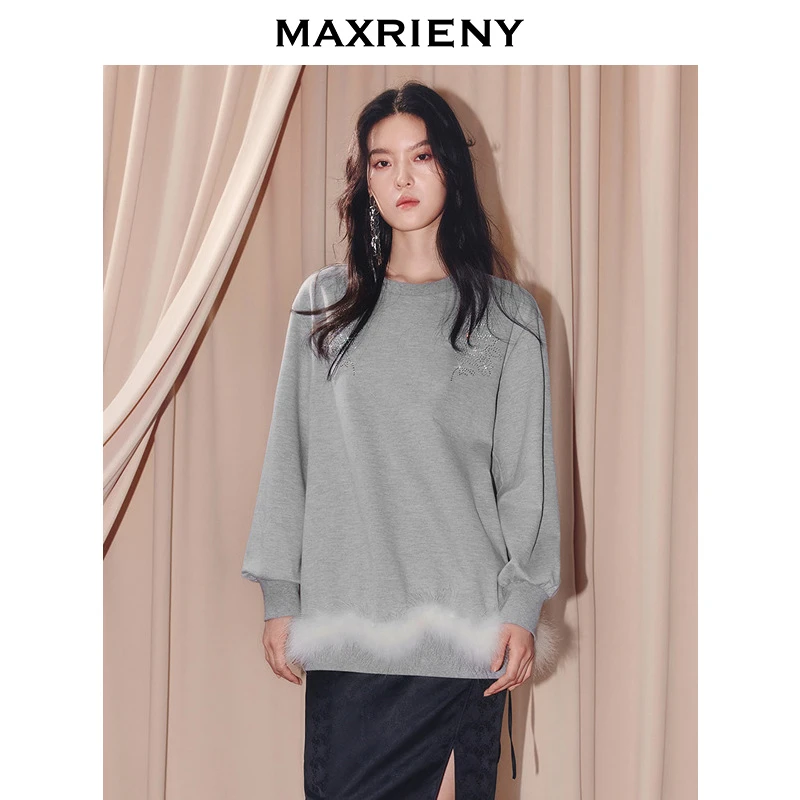 【蜜思仝】MAXRIENY气质穿搭毛条拼接卫衣女25冬款宽松套头长袖上衣