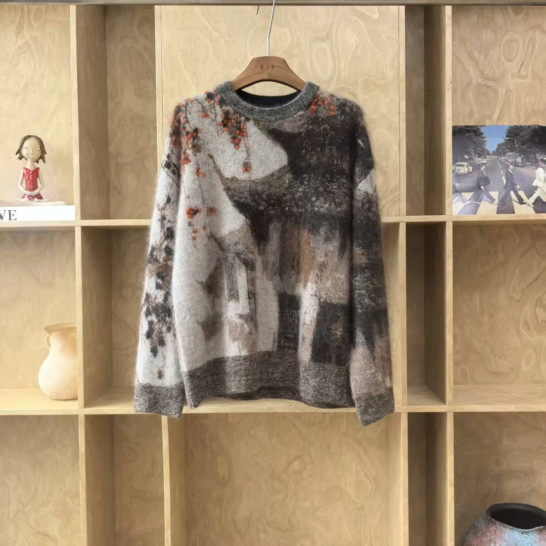 L7173柿柿如意拉绒圆领重工晕染山羊绒衫