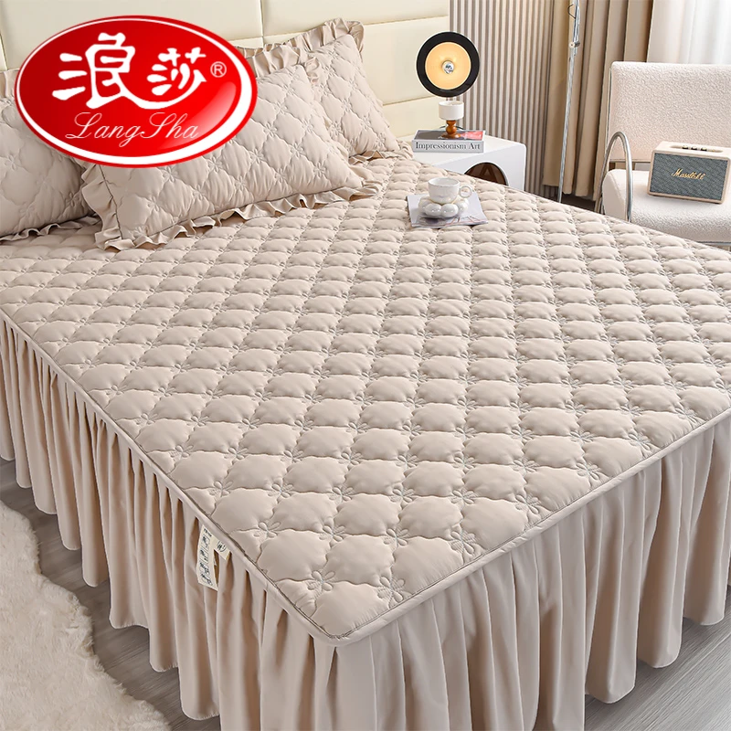 浪莎简约磨毛加厚夹棉床裙家用1.5米1.8米防滑防尘可折叠床罩床笠