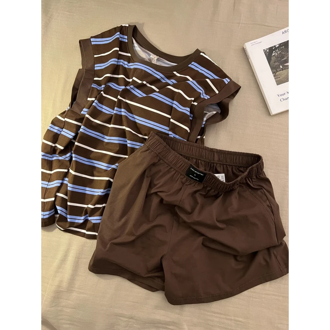 韩版设计条纹纯欲无袖睡衣女春夏款2025新款慵懒风家居服套装外穿