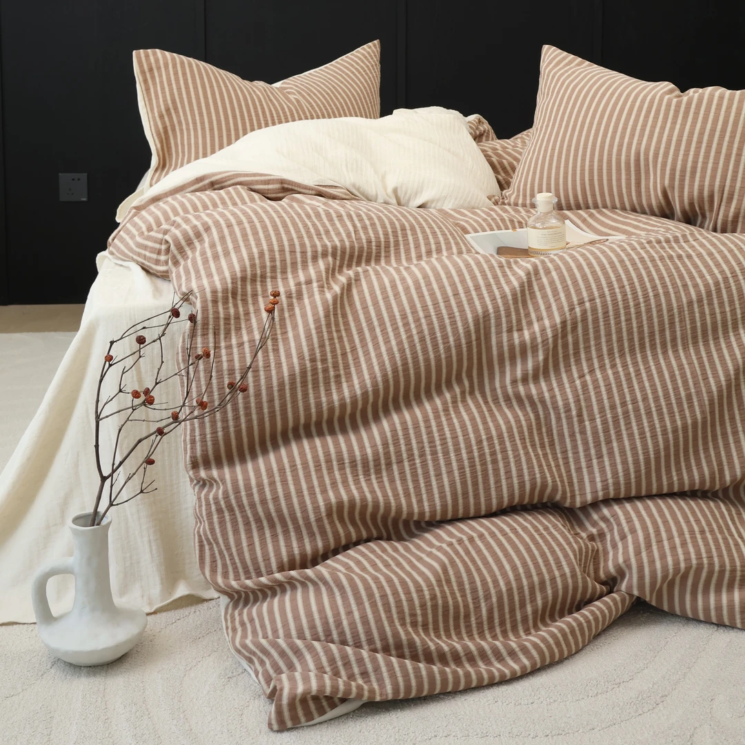 【时光专属】日式简约棉麻双层纱条纹 亚麻四件套