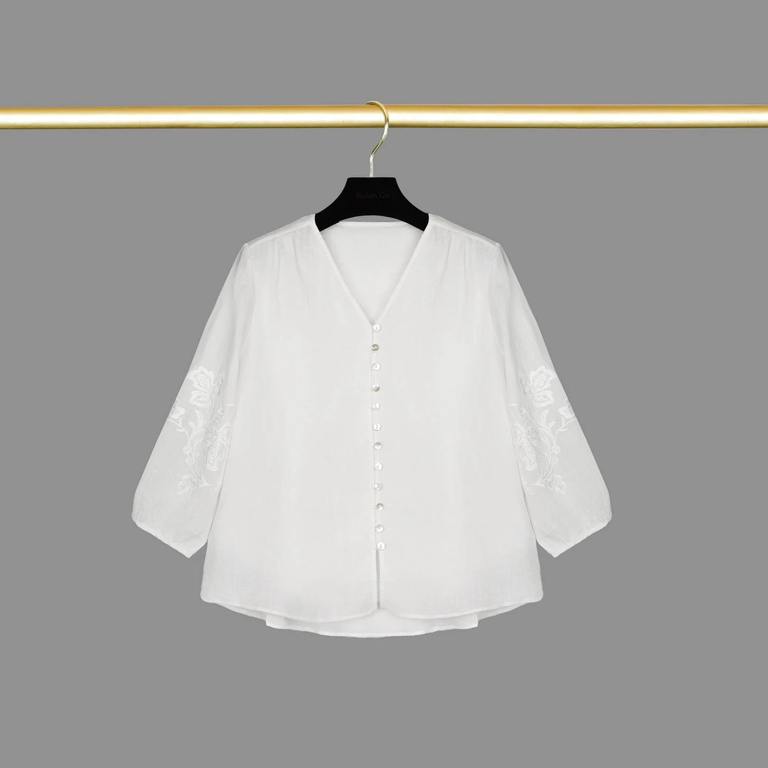 RuienCo.清风皎月100支苎麻日本进口水溶7万针刺绣夏长袖衬衫