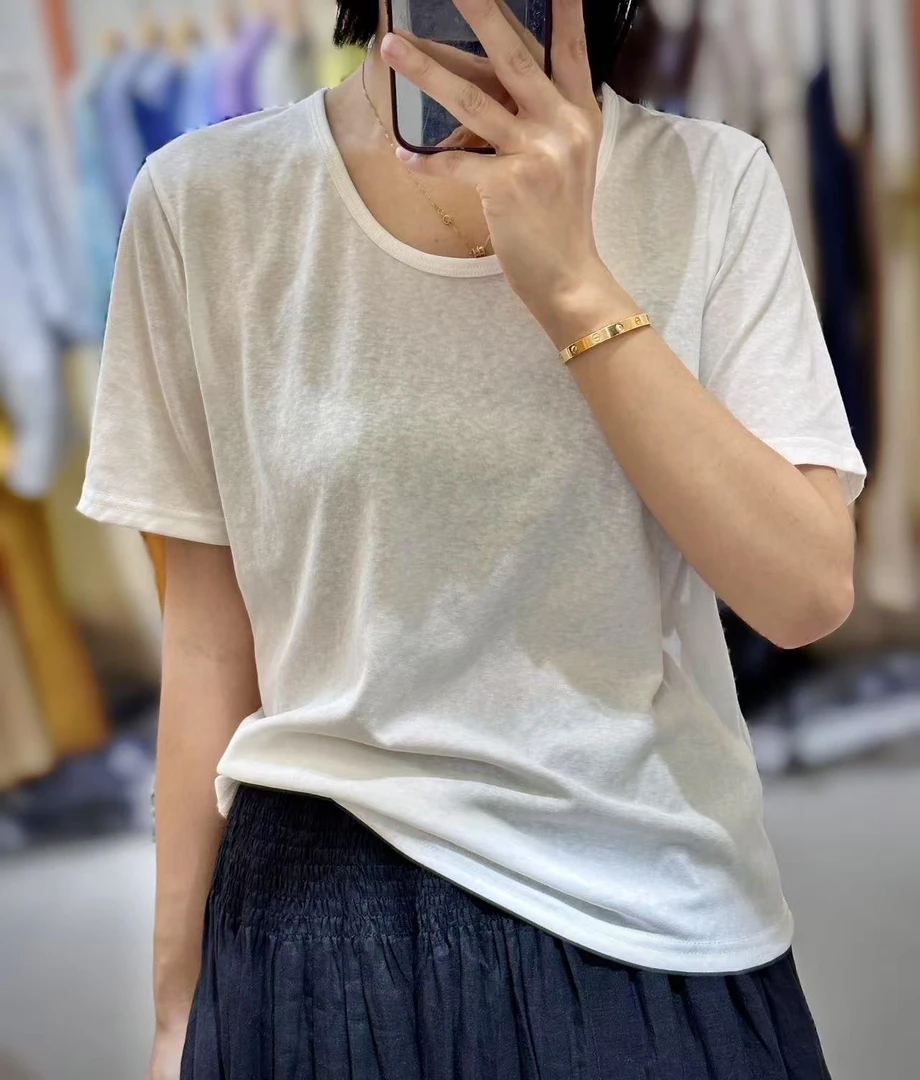 慵懒风极简亚麻T恤抗皱百搭纯色染色夏季短袖半袖