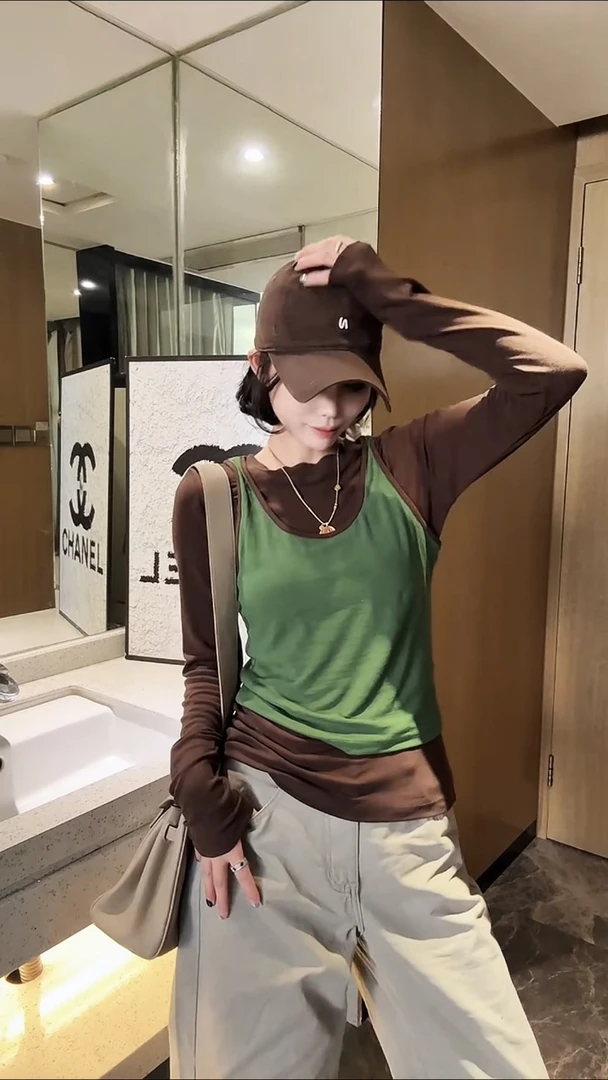 欧货2025秋季新款显瘦百搭圆领套头真两件拼色撞色打底衫女T恤