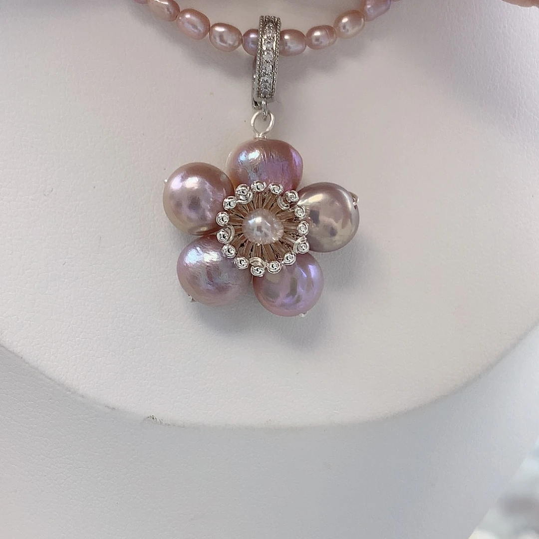 银S925镶嵌耳饰淡水珍珠紫色花