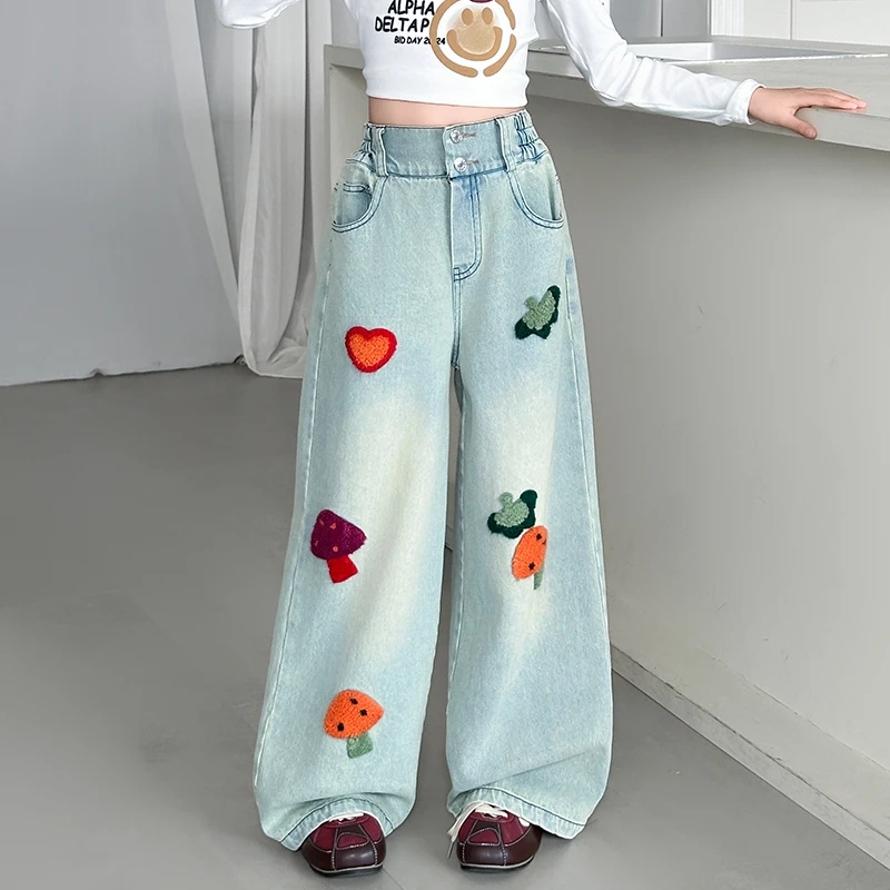 女童牛仔裤春秋款2025新款女大童春装休闲阔腿裤儿童百搭直筒裤子