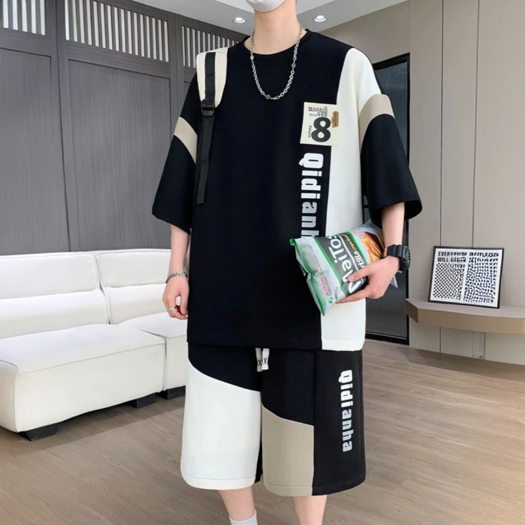 中学生短裤夏季青少年胖子休闲运动套装运动服薄款韩版撞色时尚