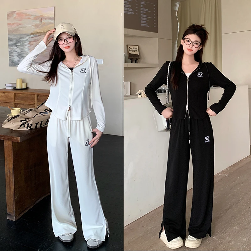 春装新款大码女胖mm休闲网红炸街连帽卫衣阔腿裤两件套20213套装