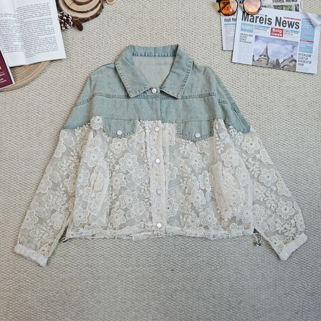 2025春季新款时尚百搭设计感蕾丝拼接牛仔衬衫外套0130