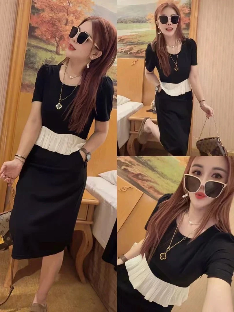 夏季冰感双口袋显瘦气质法式高级感连衣裙2519