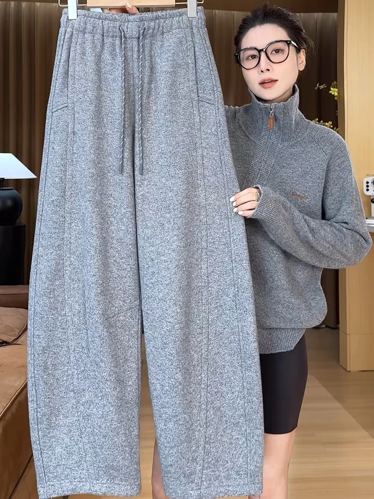 加绒加厚羊绒裤女2024新款韩版宽松高腰抽绳香蕉裤