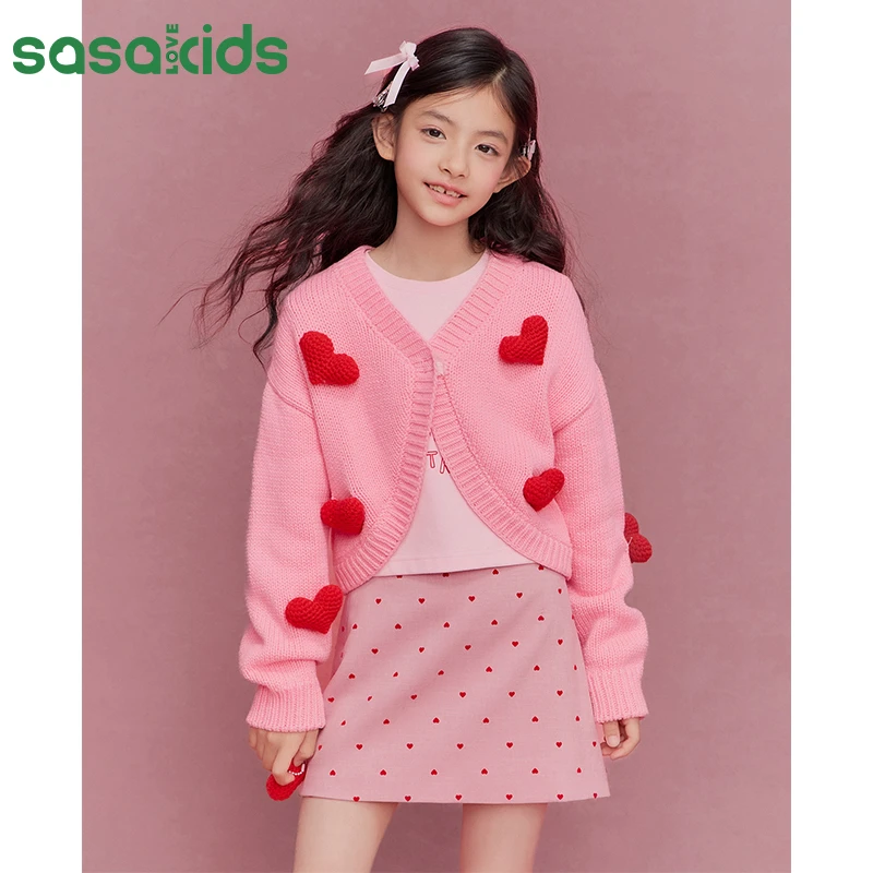 sasakids 女童秋装开衫膨体棉晴少女粉色手工立体爱心毛衣开衫