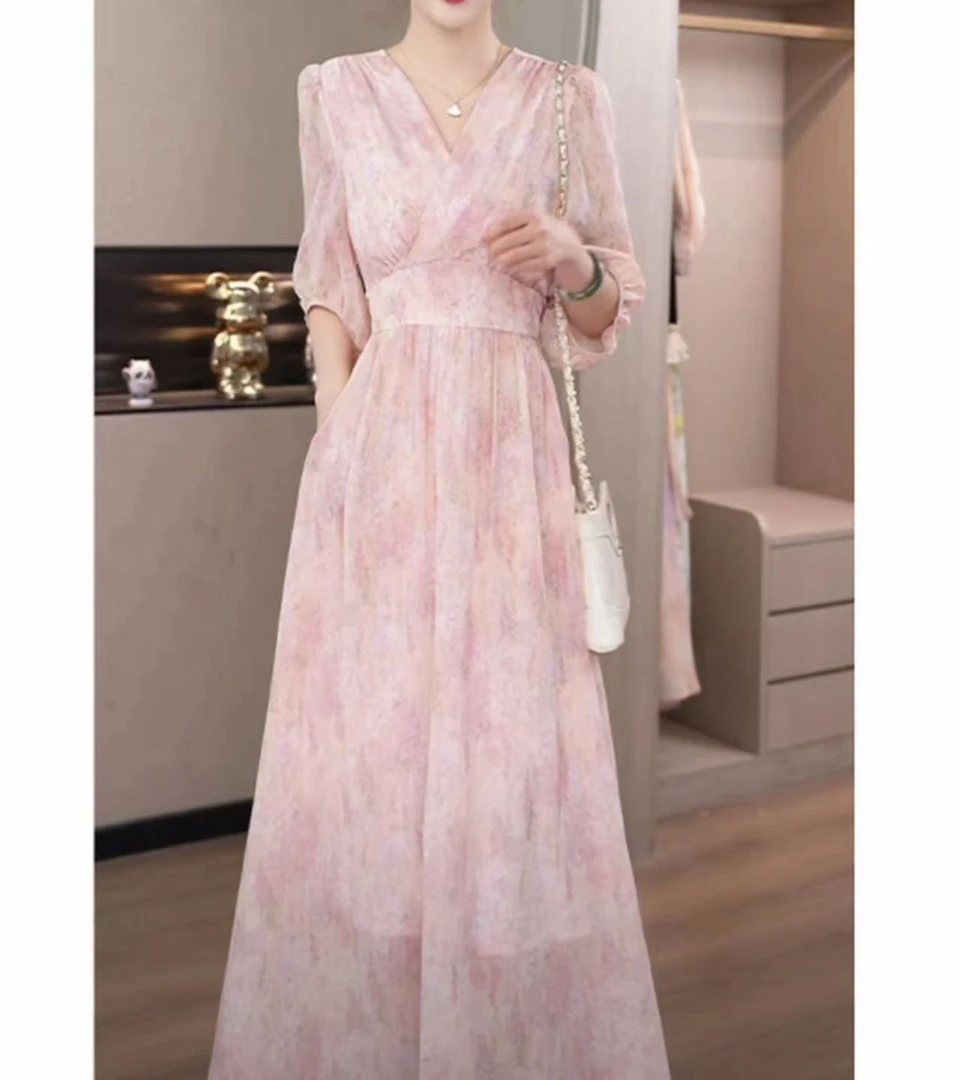 【奇奇】新款拼接碎花连衣裙中长裙印花收腰小众气质通勤百搭显瘦