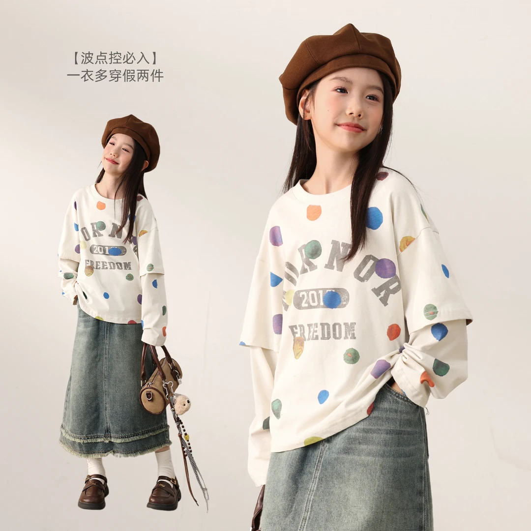 NORNOR陈大猪童装女童长袖t恤秋季新款波点风假两件上衣NL570116