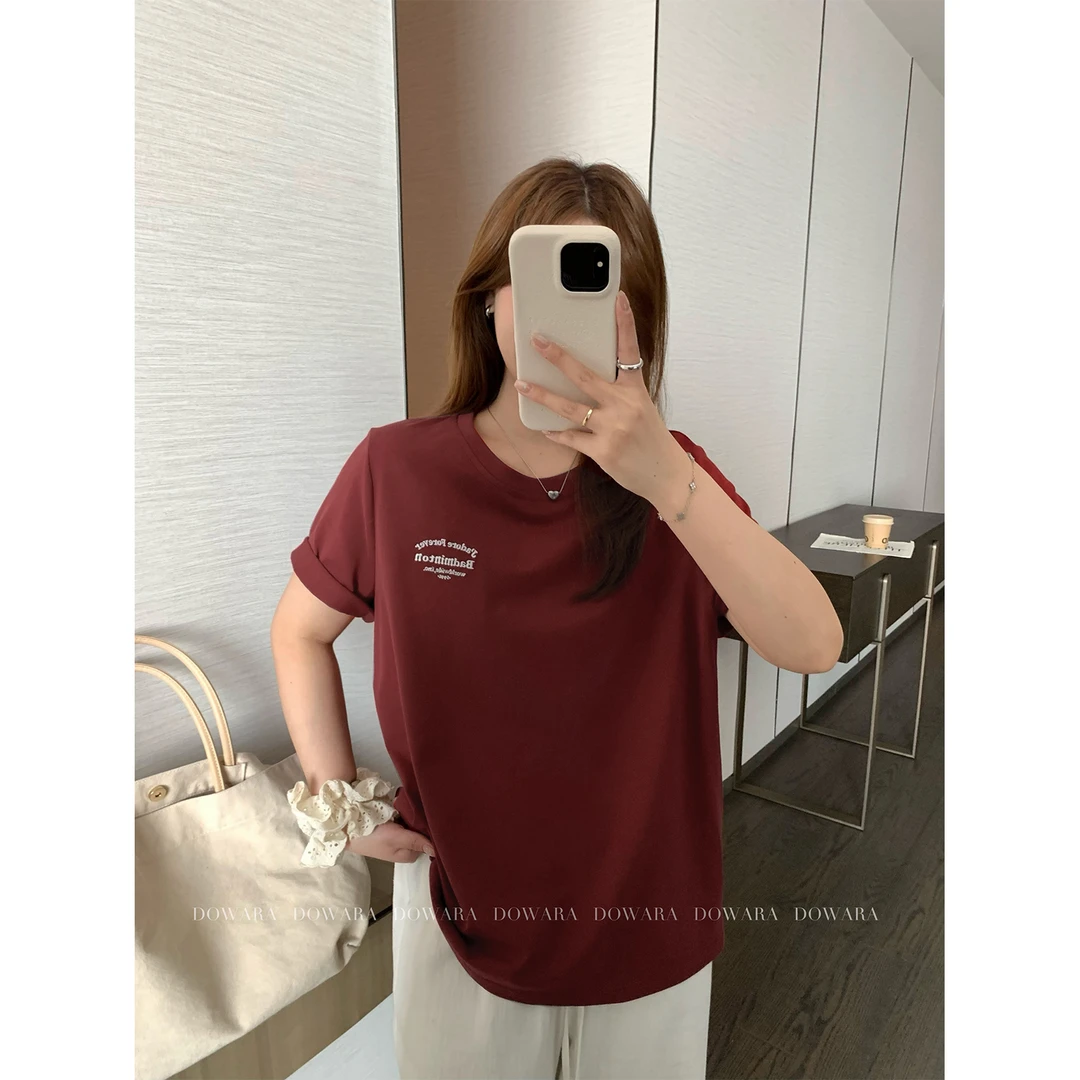 现货大婉酱微胖定制纯棉复古显白T恤夏季新款宽松短袖上衣7678D