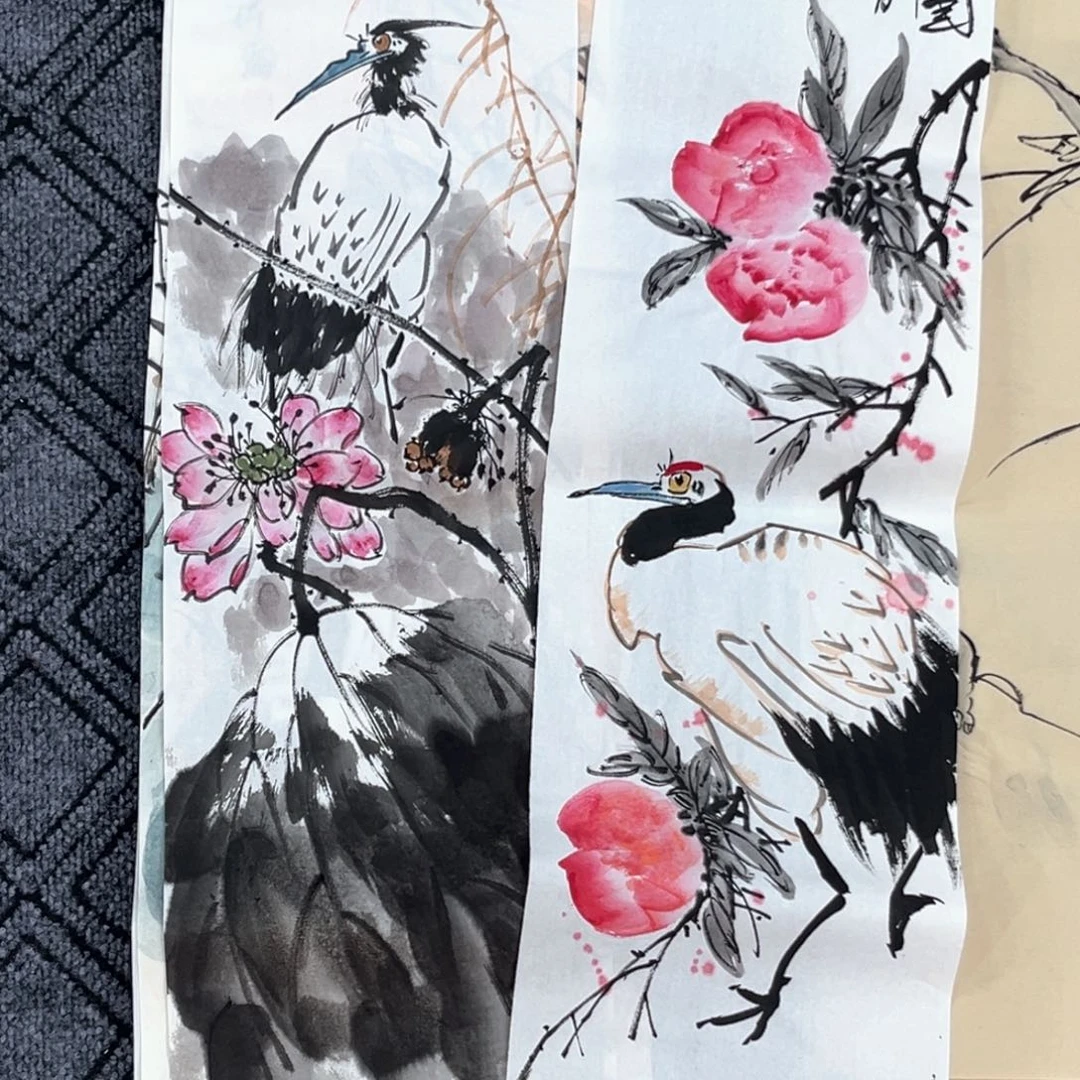 国画盛伟海老师三尺对开花鸟作品赵