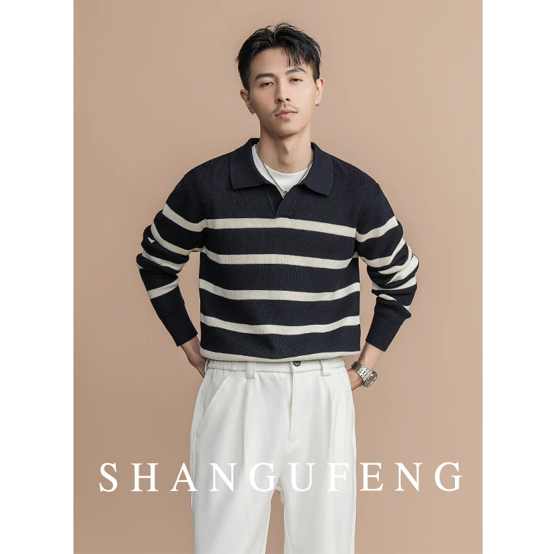 SHANGUFENG经典撞色海鸥领条纹毛衣男2025秋冬舒适保暖长袖针织衫