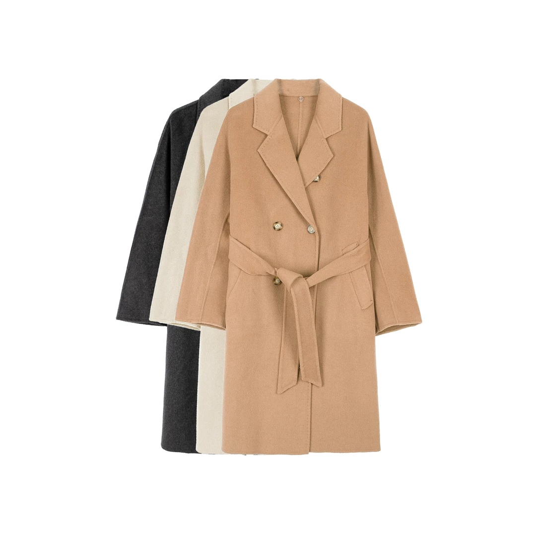 气质系带收腰双排扣双面呢大衣DY349