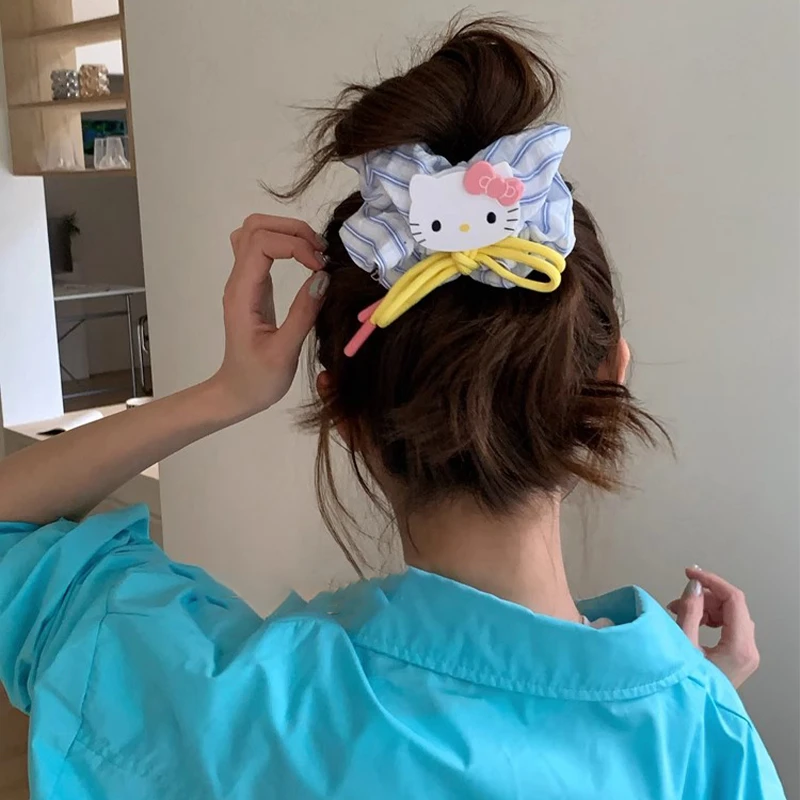 韩系KT猫咪蝴蝶结大肠圈发绳清爽蓝条纹大号发圈头绳丸子头皮筋