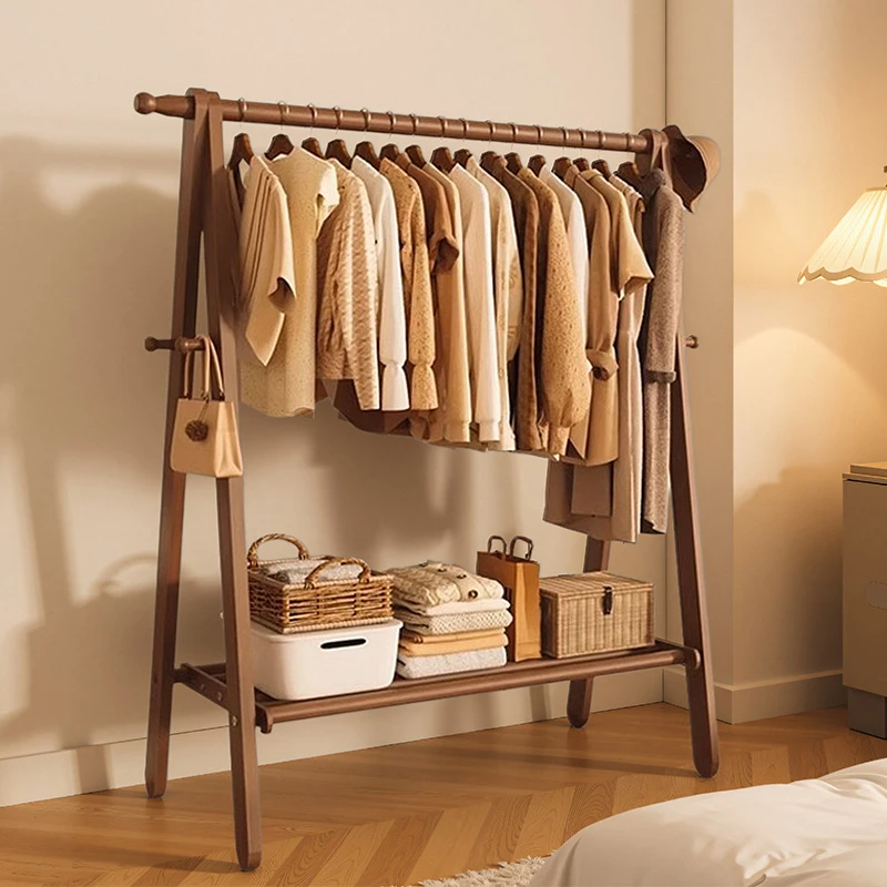 全实木挂衣架家用卧室落地式衣帽架高级感大容量可折叠衣服置物架