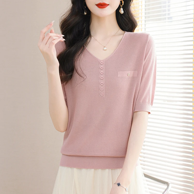 哥弟阿玛施正桑蚕丝体恤女短袖T恤夏季上衣v领冰丝洋气薄款针织衫