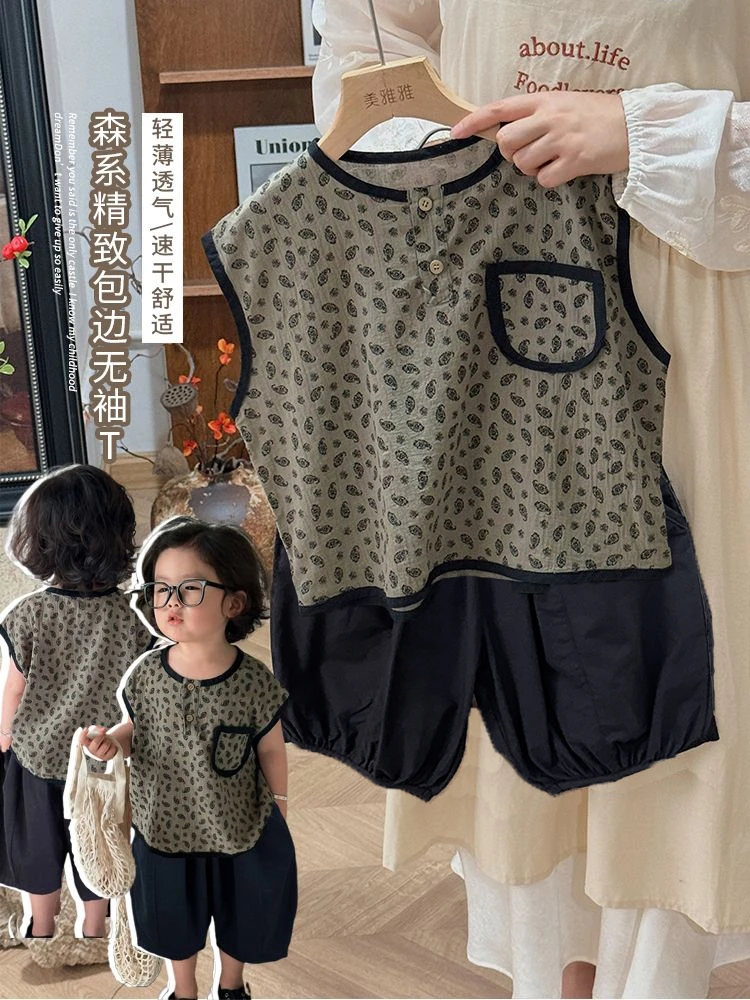 《运营推荐》夏上新森系儿童复古碎花包边无袖衫L洋气背心25XL1334