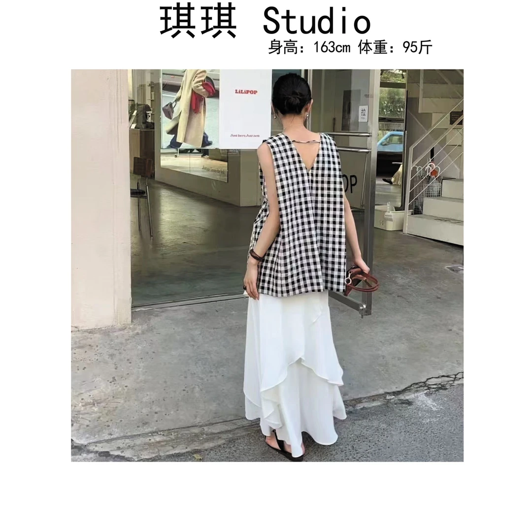 《琪琪家》夏季新款潮流气质时尚拼色格子麻料舒适亲肤上衣2580-G