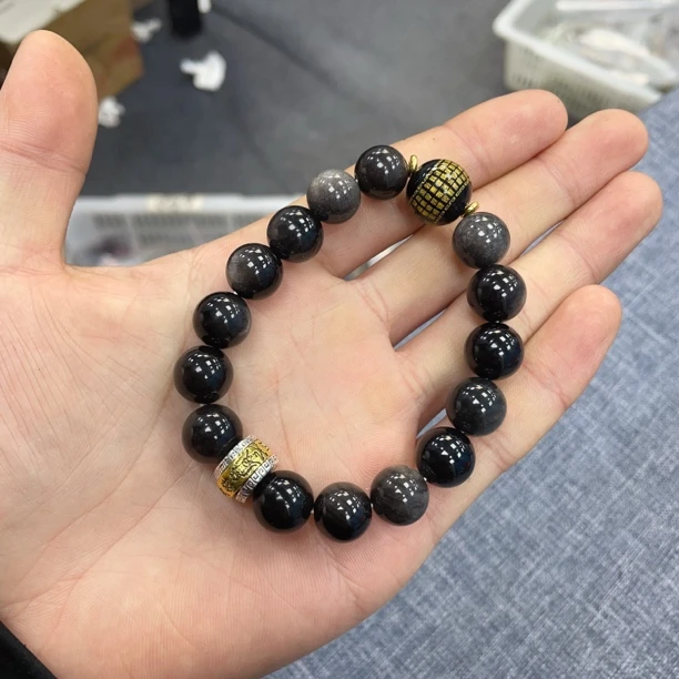 天然黑曜石手串约11-12mm左右多样性发其一wwx带天然纹理结构